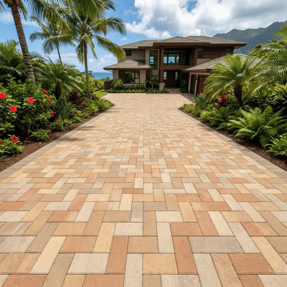 A wide driveway with beige and tan pavers leads to a modern house surrounded by lush tropical plants, palm trees, red flowers, and Hawaii Artificial Turf, with mountains and blue sky in the background.