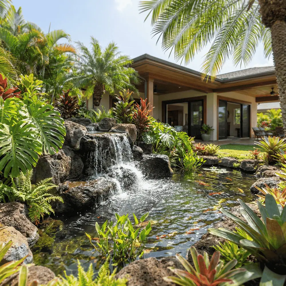 A lush tropical garden featuring Hawaii Artificial Turf showcases a small waterfall flowing into a pond, surrounded by vibrant plants and rocks, with a modern house and palm trees under a bright sky.